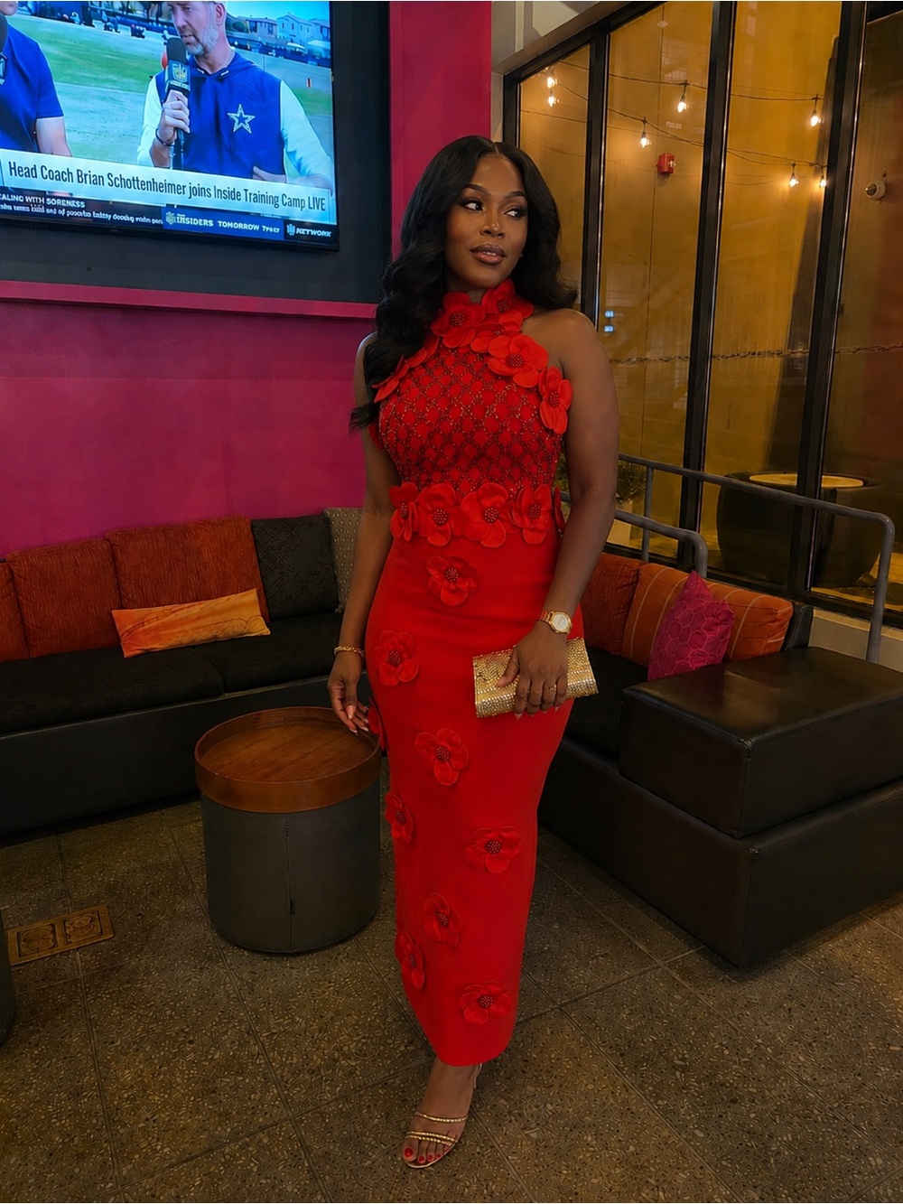 Couture Red Floral Appliqué High-Neck Midi Dress - Women